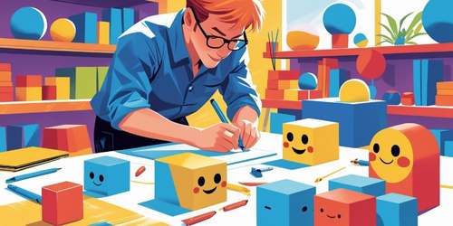 A person with glasses and red hair is drawing at a desk in a colorful, playful room filled with geometric shapes and blocks that have smiling faces. The scene is bright and cheerful, with art supplies and books scattered around, creating a creative and fun atmosphere.
