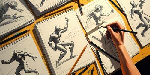 A hand is sketching a dynamic human figure in a notebook, surrounded by several other sketchbooks filled with drawings of athletic, action-posed figures. Pencils and pens are scattered on the yellow desk, creating a creative and energetic workspace.