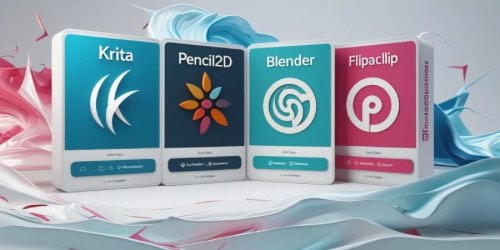 Alt text: Four colorful cards display the logos and names of popular animation software: Krita, Pencil2D, Blender, and FlipaClip. The cards stand upright against a dynamic background of swirling blue and pink paint-like waves.