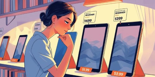 Alt text: A young woman with dark hair tied back is thoughtfully looking at a row of tablets displayed on a store shelf. Each tablet has a price tag, with prices ranging from $1.99 to $499. The background shows shelves with books and a softly lit store environment. The woman appears to be considering which tablet to purchase.