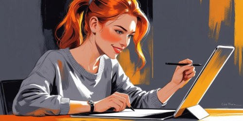 A young woman with red hair tied back is smiling while using a digital pen to draw on a tablet. She is sitting at a desk, focused on her work, with a modern tablet propped up in front of her. The background features dark and yellow abstract colors, giving the scene a creative and artistic vibe.