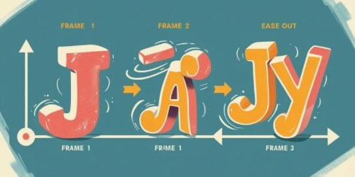 Here’s some ALT text for the image: "Three colorful, cartoon-style letters show an animation sequence: a red 'J' in frame 1, a yellow 'A' with a red accent mark in frame 2, and a yellow 'JY' in frame 3. Arrows and labels indicate the progression from frame 1 to frame 3, with the words 'Frame 1,' 'Frame 2,' and 'Ease Out' above each letter."