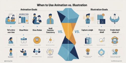 Alt text: Infographic titled "When to Use Animation vs. Illustration." The left side lists animation goals such as telling a story over time, showing motion, and building character consistency, with related icons. The right side lists illustration goals like capturing a single moment, focusing on detail, and creating stand-alone art, also with icons. A large hourglass shape divides the two sections.