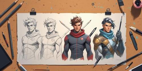 A sheet of paper on a desk shows the step-by-step progression of a male character drawing, from pencil sketch to fully colored illustration. The character transforms from a simple outline on the left to a detailed, armored hero on the right. Art supplies like pencils, pens, and markers are scattered around the paper, highlighting the creative process.