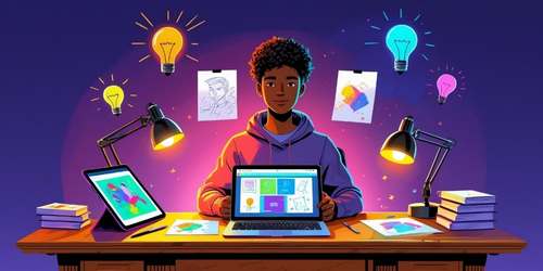 A young person with curly hair sits at a desk, working on a laptop surrounded by books, a tablet, and colorful drawings. Bright light bulbs and creative sketches float in the background, symbolizing ideas and creativity. The scene is vibrant and inspiring, with a focus on digital art and innovation.