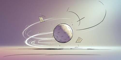 A round metallic ball rolls quickly across a smooth surface, leaving swirling motion lines behind it. Loose sheets of paper are caught in the air, emphasizing the speed and movement. The background is softly shaded in pastel colors, giving the scene a dynamic and energetic feel.