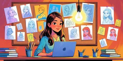 A young woman with long brown hair sits at a desk using a laptop, surrounded by books, pencils, and pens. Behind her is a bulletin board filled with various hand-drawn portraits and sketches of people. A glowing light bulb hangs above her, creating a warm and creative atmosphere. The scene is colorful and illustrated in a cartoon style.