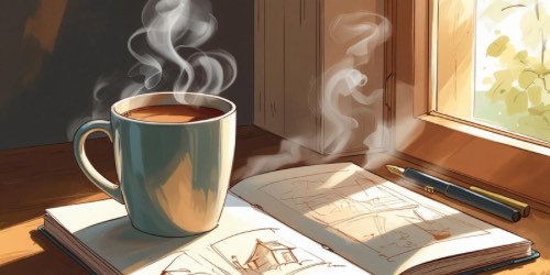 Alt text: A steaming mug of coffee sits on an open sketchbook with drawings, next to a pen, by a sunlit window. Warm sunlight streams in, creating a cozy and peaceful atmosphere.