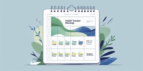 Alt text: A spiral-bound habit tracker mockup with a colorful, wavy graph at the top and a grid below for tracking daily habits and streaks. The tracker is surrounded by illustrated green and blue leaves, set against a light blue background.