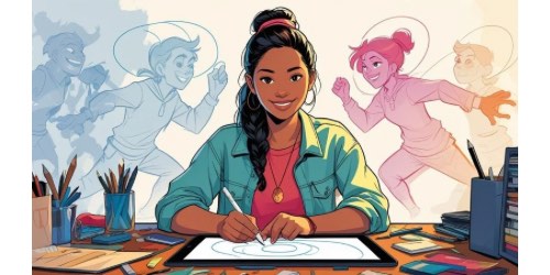 Sure! Here’s some ALT text for the image: "A young woman sits at a desk drawing on a digital tablet, surrounded by art supplies. Behind her, colorful sketches of animated characters in motion appear, showing her creative process and imagination."