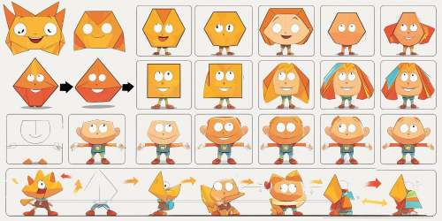 Here’s some ALT text for the image: A step-by-step character design sheet showing how to create a cartoon character from simple geometric shapes. The process starts with drawing shapes like hexagons and triangles, then adds facial features, arms, legs, and clothing. The sheet also shows different poses and expressions, ending with the character in various action poses.
