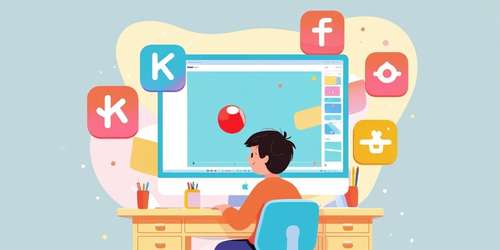 A child sitting at a desk using a computer, surrounded by colorful educational icons and symbols, suggesting an online learning or educational activity.