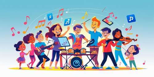 A group of happy children playing various musical instruments together, including guitar, drums, keyboard, and violin, with colorful musical notes floating around them, creating a lively and joyful atmosphere.