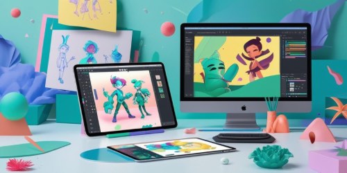 Alt text: A colorful digital art workspace featuring a desktop computer, a tablet, and a digital drawing pad, all displaying vibrant cartoon character illustrations. The desk is decorated with art supplies, plants, and paper sketches, creating a creative and playful atmosphere.