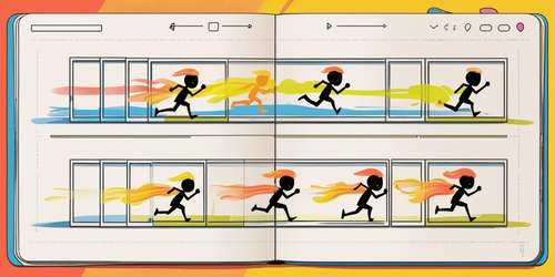 An open sketchbook displays two rows of stick figure animations running from left to right, each figure leaving colorful motion trails behind them. The top row shows more frames and smoother movement, while the bottom row has fewer frames and choppier motion. The background resembles a digital animation interface.