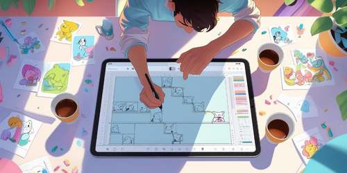 A person is drawing cartoon characters on a large digital tablet, surrounded by colorful sketches, coffee cups, and art supplies on a bright, sunlit desk. The scene is lively and creative, with plants and scattered drawings adding to the artistic atmosphere.
