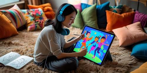 A young woman wearing blue headphones sits on a cozy, carpeted floor surrounded by colorful pillows. She is drawing animated characters on a large digital tablet, with an open sketchbook beside her. The room looks bright and creative.