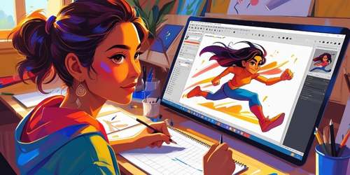 A young woman with dark hair tied up is sitting at a desk, drawing on paper while looking at a large computer monitor. The screen shows a colorful digital illustration of a superhero girl running energetically. The workspace is bright and creative, with art supplies and sketches scattered around.