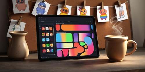 A tablet displaying a colorful abstract design sits on a wooden desk between two beige mugs, one of which has steam rising from it. In the background, a corkboard is decorated with cute cartoon character drawings clipped to a string. The scene feels cozy and creative.