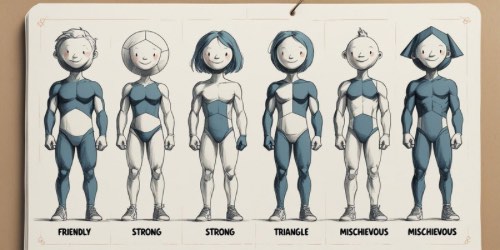 Alt text: A character design sheet showing six cartoon-style human figures with different body shapes and facial expressions. Each character is labeled underneath: "Friendly," "Strong," "Strong," "Triangle," "Mischievous," and "Mischievous." The characters have varying head shapes, body builds, and hairstyles, demonstrating how body and face shapes can convey personality traits.
