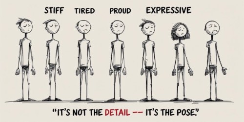 Alt text: A row of six simple cartoon characters, each with a different pose and facial expression. From left to right, they are labeled: "Stiff," "Tired," "Proud," and "Expressive" (with three variations under "Expressive"). The characters show how body language and posture can convey different emotions. Below them, text reads: "It's not the detail -- it's the pose."