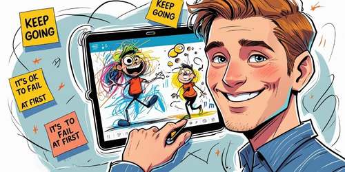A smiling man holds a tablet displaying a colorful drawing of two happy cartoon characters. Around him are motivational sticky notes that say "KEEP GOING" and "IT'S OK TO FAIL AT FIRST." The scene is bright and encouraging, emphasizing creativity and perseverance.