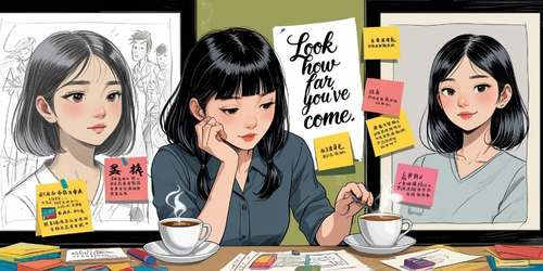 A young woman sits at a table with two cups of coffee, surrounded by colorful sticky notes and art supplies. Behind her are two portraits—one of a girl with a neutral expression and another with a gentle smile—showing her artistic progress. In the center, a sign reads "Look how far you've come," highlighting a theme of self-reflection and personal growth.