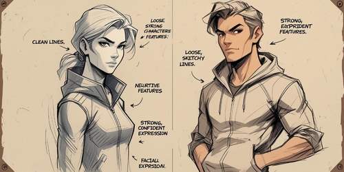A sketch-style illustration of two characters, one female on the left and one male on the right, both wearing hooded jackets. The female character has clean lines, neutral features, and a strong, confident expression. The male character has loose, sketchy lines, strong and expedient features, and a similarly confident facial expression. Handwritten notes on the image point out these artistic and character traits.