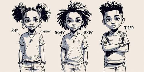 A black and white sketch of three children standing side by side. The first child, a girl with curly pigtails and hoop earrings, is labeled "shy" and "confident." The second child, with dreadlocks, is labeled "goofy." The third child, a boy with short curly hair and a backpack, is labeled "tired" and "goofy." Each child has a distinct facial expression matching their label.