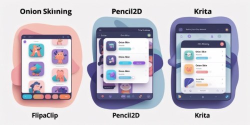 Alt text: Three illustrated tablet screens show the user interfaces of animation apps with onion skinning features. From left to right: FlipaClip, Pencil2D, and Krita. Each screen displays colorful icons and menus, with the app names labeled above and below each device. The background features soft, abstract shapes in pastel colors.