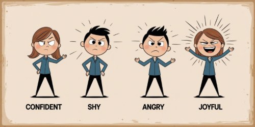 Cartoon illustration showing four characters expressing different emotions: a confident girl with hands on hips, a shy boy with hands behind his back, an angry boy with clenched fists, and a joyful girl with arms raised. Each emotion is labeled below the character.