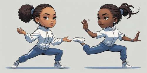 Cartoon illustration of two young girls with dark skin and curly hair in athletic outfits, each striking a dynamic martial arts pose. One girl says, "African, African langs." The other says, "A original Africa nonsin dynigial."