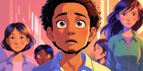Animated illustration of a young person with curly hair and wide, anxious eyes standing in the foreground, looking upward. Several other people, mostly young, stand behind them with concerned or neutral expressions. The background is softly lit with warm colors.