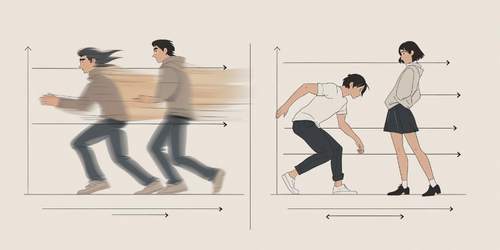 Illustration split into two panels. On the left, a boy is running quickly, shown with motion blur, while another boy walks behind him at a slower pace. On the right, a boy is crouched and moving slowly toward a girl who stands still with her hands in her hoodie pockets, looking ahead. Both panels have horizontal and vertical arrows indicating movement and height