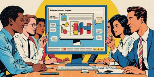 A diverse group of six professionals sits around a table, enthusiastically discussing an animated product diagram displayed on a large computer monitor. The diagram features colorful shapes and labeled sections, suggesting a collaborative team meeting or brainstorming session in a modern office setting.