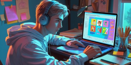 Alt text: A young man wearing headphones sits at a desk, focused on a laptop displaying colorful character designs and animation tools. The workspace is organized with notebooks, pencils, and sticky notes on the wall, creating a creative and studious atmosphere. Warm lighting highlights the cozy, artistic environment.