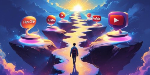 Alt text: A person stands at the start of a glowing, winding path that leads toward a bright sunrise. Along the path, floating platforms display icons and logos for animation and video apps like FlipaClip, Krita, and YouTube. The scene is colorful and surreal, with clouds and dramatic lighting, symbolizing a creative journey or the many paths to learning animation.
