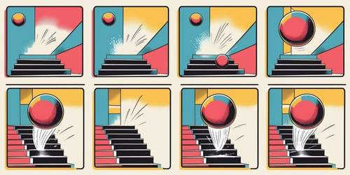 A comic-style sequence of eight panels showing a red ball bouncing down a staircase. The background is colorful with blue, yellow, and red sections. The ball starts at the top, bounces down the steps, and leaves white motion trails as it moves.
