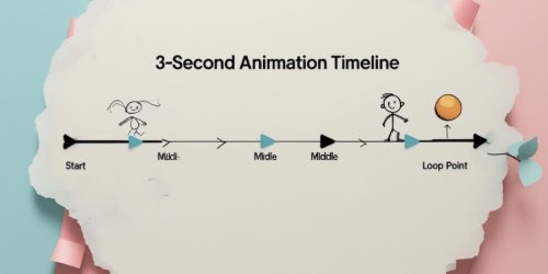 Alt text: A diagram titled "3-Second Animation Timeline" shows a horizontal timeline with labeled points: Start, Mid1, Middle, Middle, and Loop Point. Stick figure drawings represent characters at different points, and an orange ball marks the Loop Point. The background is a torn paper effect with pastel blue and pink edges.
