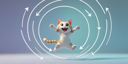 Alt text: A happy cartoon cat with orange and white fur jumps in the air with its paws spread wide. White swirling arrows circle around the cat, creating a sense of motion and excitement against a blue background.