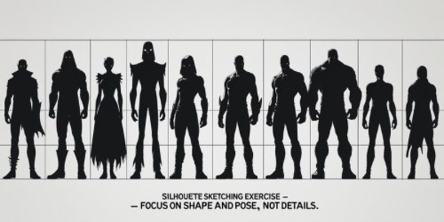 Here’s some alt text for your image: A row of ten black character silhouettes, each with a unique shape and pose, standing against a white background with a grid. Below them, text reads: "Silhouette sketching exercise — focus on shape and pose, not details."