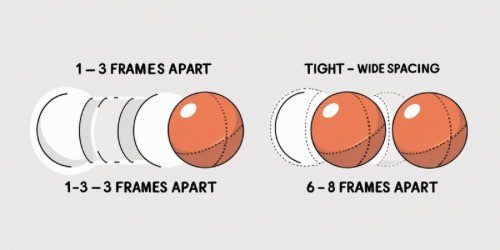 Alt text: A diagram showing two examples of animation spacing for a bouncing ball. On the left, the ball is shown with 1–3 frames apart, illustrating tight spacing. On the right, the ball is shown with 6–8 frames apart, illustrating wide spacing. The left side is labeled "1–3 FRAMES APART" and the right side is labeled "TIGHT – WIDE SPACING" and "6–8 FRAMES APART." The illustration demonstrates how the distance between frames affects the perception of motion in animation.