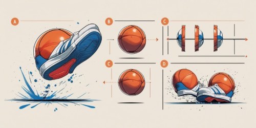 Alt text: A diagram showing the squash and stretch animation principle using a basketball and a sneaker. Section A shows a basketball being squashed under a sneaker as it hits the ground, with a splash effect. Section B shows a basketball in its normal, round shape. Section C shows the basketball being stretched vertically as it moves quickly, and squashed horizontally as it hits the ground. Section D shows two basketballs: one in its normal shape and one squashed under a sneaker, emphasizing the deformation during impact. Arrows and lines highlight the changes in shape and motion.