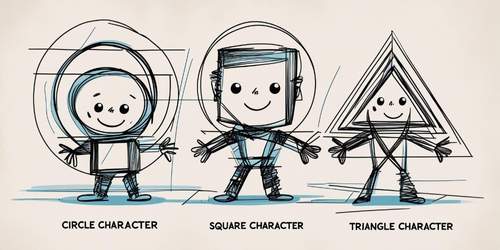 Three cartoon characters are drawn using basic shapes. The first character has a circular head and body, labeled "Circle Character." The second has a square head and body, labeled "Square Character." The third has a triangular head and body, labeled "Triangle Character." Each character is smiling and has simple arms and legs, with sketch lines showing the construction of their shapes.