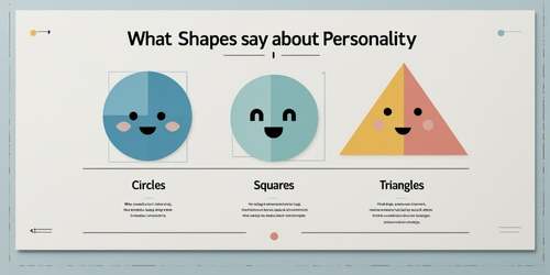 A graphic titled "What Shapes say about Personality" shows three smiling cartoon shapes: a blue circle, a green square, and a yellow triangle. Each shape has a happy face and is labeled below: "Circles," "Squares," and "Triangles." Short descriptions about personality traits are listed under each shape. The background is light, and the design is clean and simple.