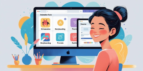 Alt text: A smiling woman with dark hair in a bun sits at a desk in front of a large computer monitor displaying colorful animation tools and course options. The workspace is decorated with plants, pencils, and books, creating a cheerful and creative atmosphere.