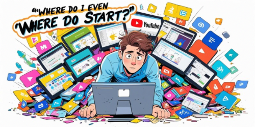 Alt text: A cartoon illustration of a stressed person sitting in front of a computer, surrounded by a chaotic pile of digital devices, app icons, and social media logos. Above them is the text, “Where do I even start?” expressing overwhelm and confusion about where to begin with so many online options.