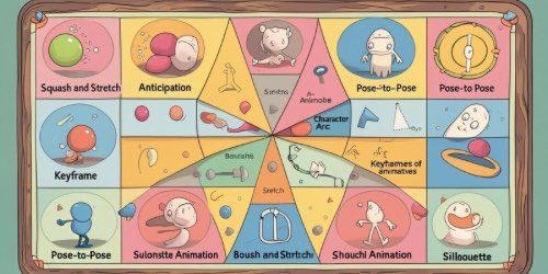 Alt text: A colorful illustrated chart explaining animation principles. The chart is divided into sections, each labeled with a different animation concept such as "Squash and Stretch," "Anticipation," "Pose-to-Pose," "Keyframe," "Silhouette," and others. Each section contains playful cartoon characters and simple drawings visually representing the principle described. The overall design is playful and educational, with a wooden frame around the chart.