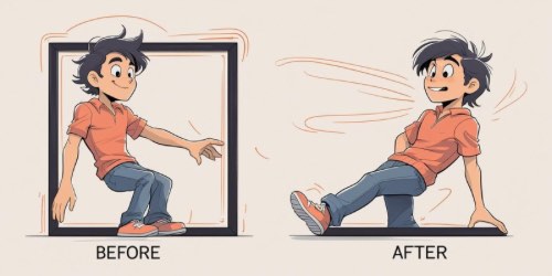 Cartoon illustration showing a boy in two panels labeled "Before" and "After." In the "Before" panel, the boy is sitting stiffly inside a square frame. In the "After" panel, the boy is animatedly sliding out of the frame with dynamic motion lines, looking more lively and expressive.
