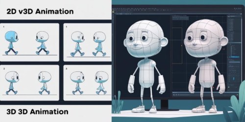 Alt text: A visual comparison of 2D and 3D animation processes. On the left, there are sketches showing a character in various walking poses, representing 2D animation. In the middle, there are blueprints and wireframe sketches illustrating the transition to 3D modeling. On the right, there are 3D-rendered versions of the character, including a large character model in front of a computer screen displaying animation software. The image highlights the workflow from 2D concept art to 3D animation.